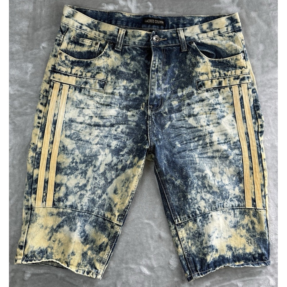Sacred Crown Acid Wash Denim Shorts Mens 38 Distressed Biker Streetwear